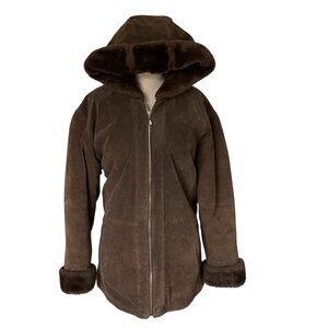 St John's Bay Women's Suede Faux Fur Lined Winter Brown Coat, Size Large